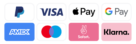 Logos der Zahlungsanbieter Paypal, Visa, Apple Pay, Google Pay, Amex, Maestro, Klarna sofort und Klarna